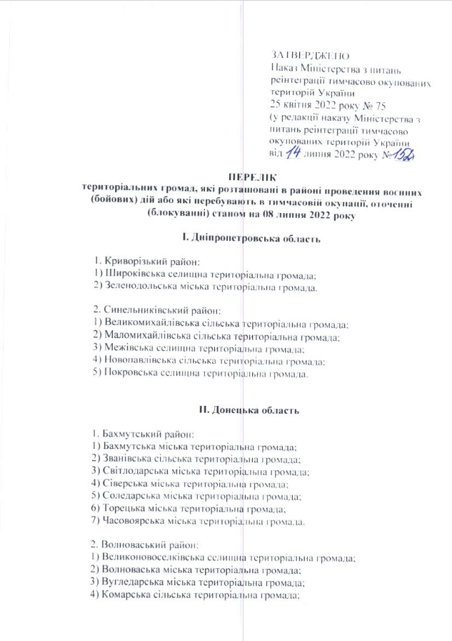 Оновлено перелік громад у районах бойових дій, на окупованих територіях та в оточенні: повний перелік 